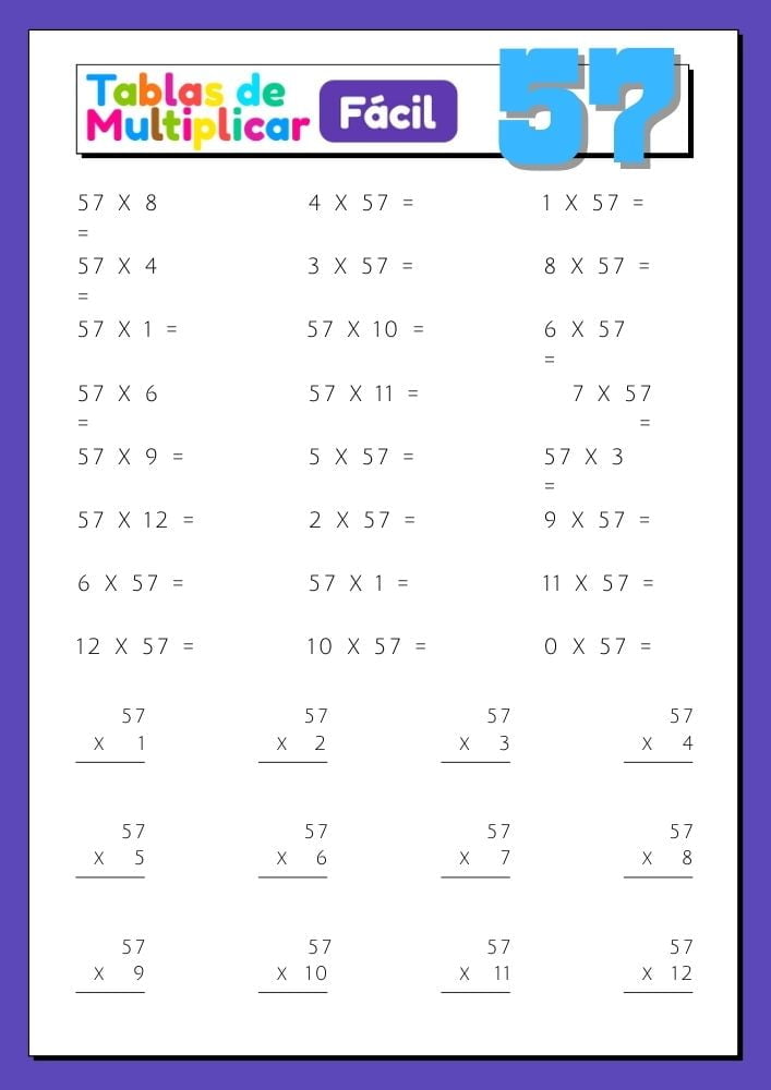 Imágenes con ejercicios para imprimir de la tabla del 57